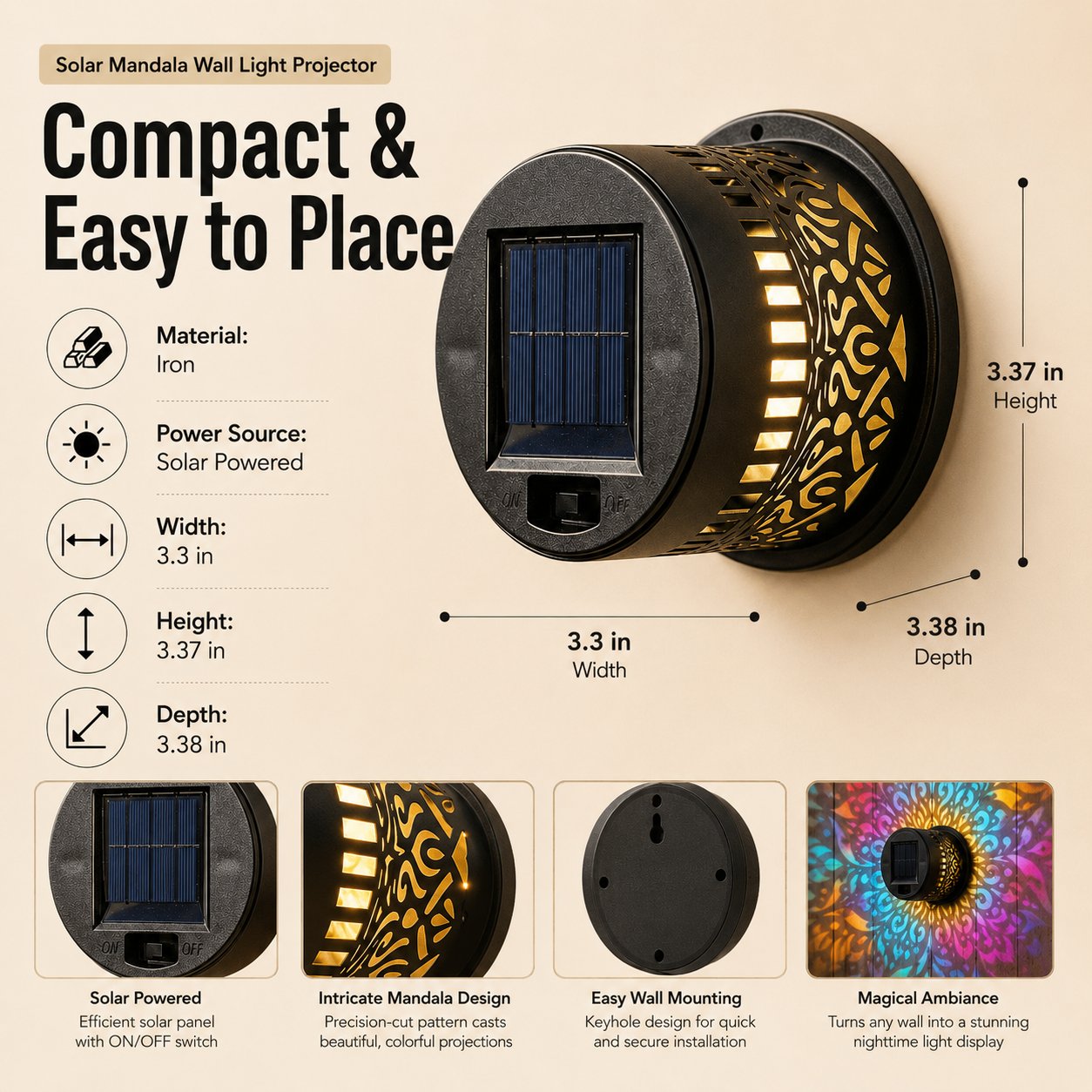 𝑺V𝑶ZK® Solar Mandala Wall Light Outdoor Garden Fence Projector Lamp Patio Ambient Decor