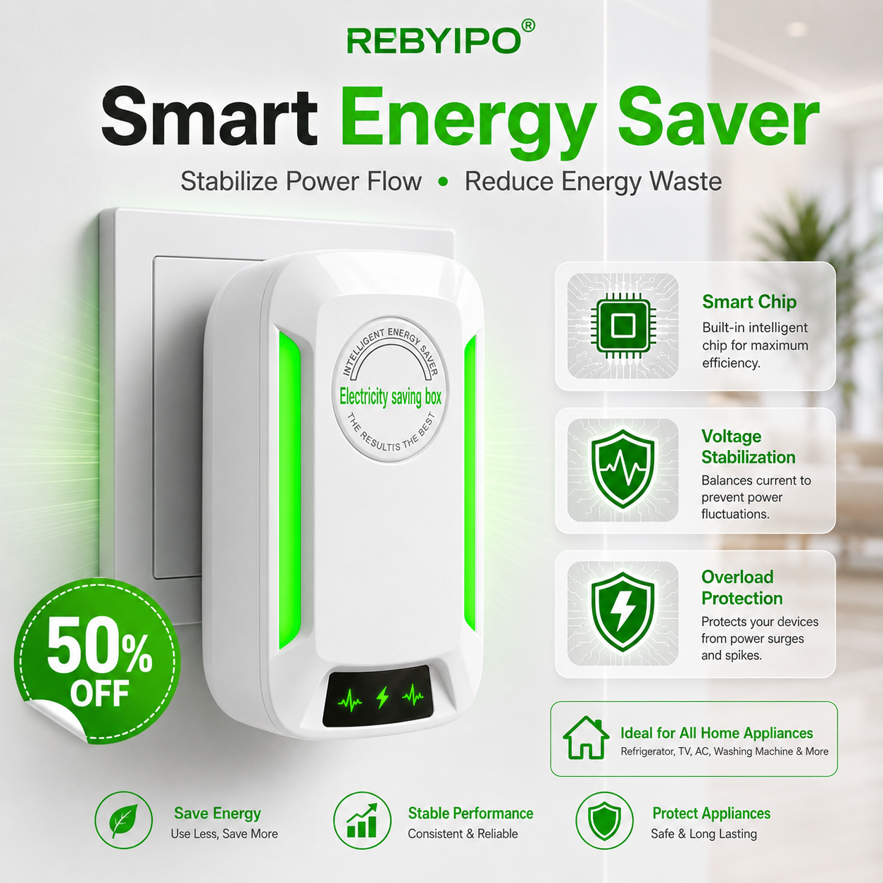 🔥 LAST DAY – 50% OFF!丨REBYIPO® Smart Energy Saver For Home Appliances-Smart Energy Optimization Device⚡